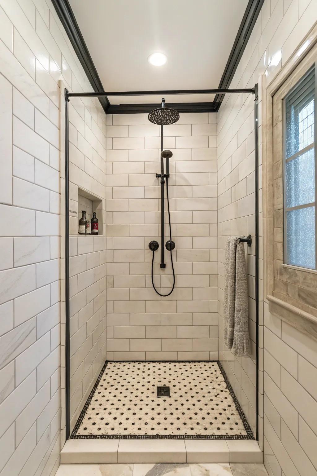 Floor-to-ceiling tiles deliver a cohesive and sophisticated shower design.