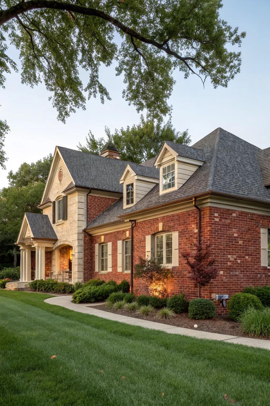 Traditional beauty achieved by using red brick and limestone accents.