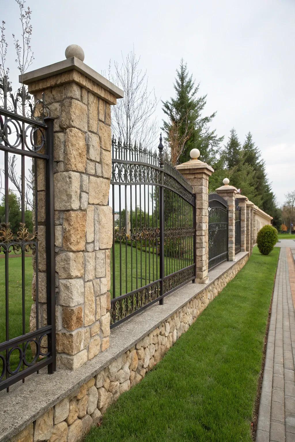 A robust and durable stone and iron fence designed for longevity.