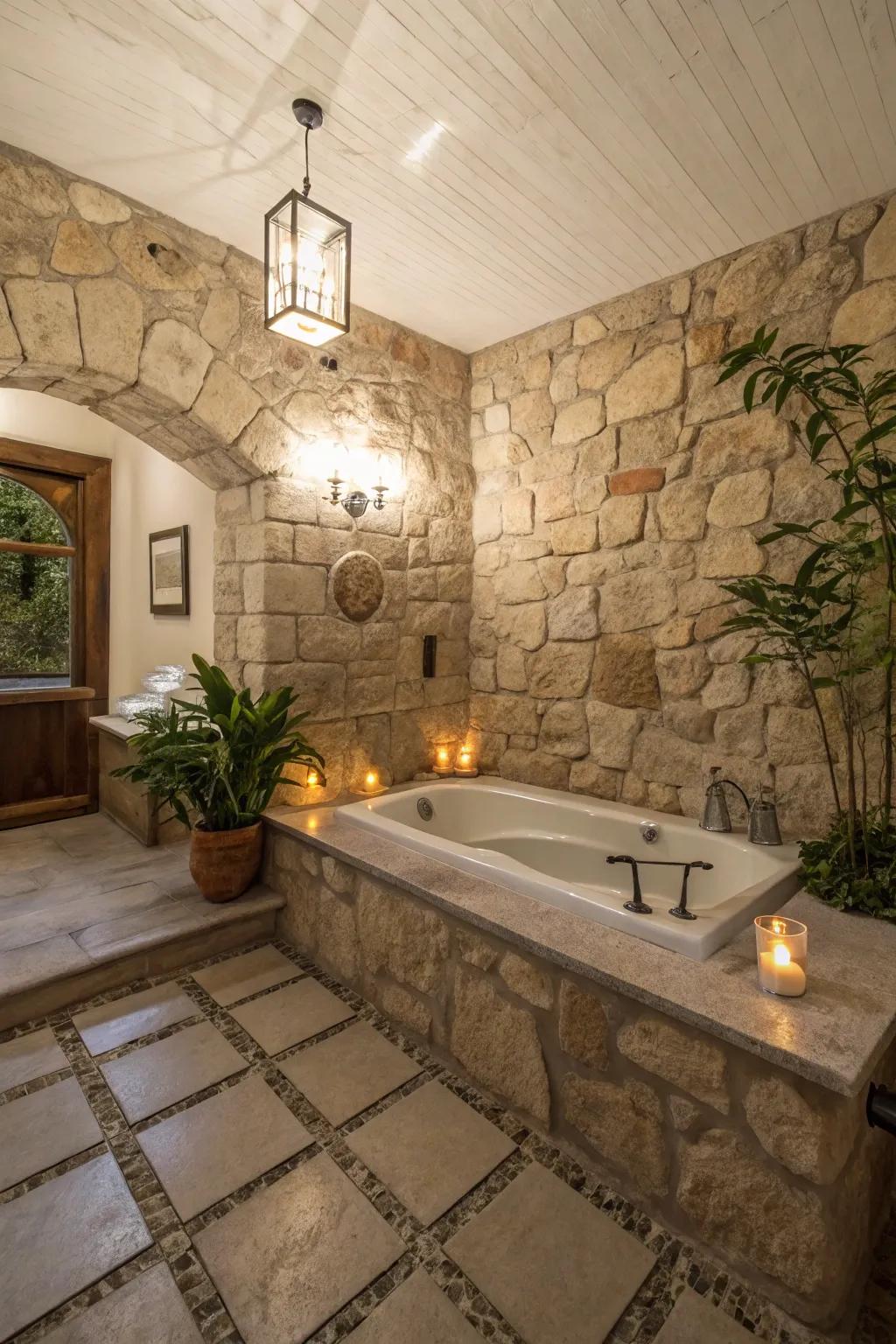 A spa-like stone bathroom styled to deliver serenity and relaxation.