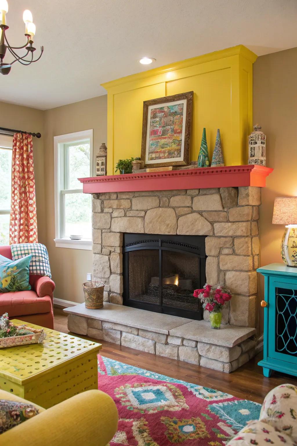A vibrant space featuring a stone fireplace with a brightly painted mantel.