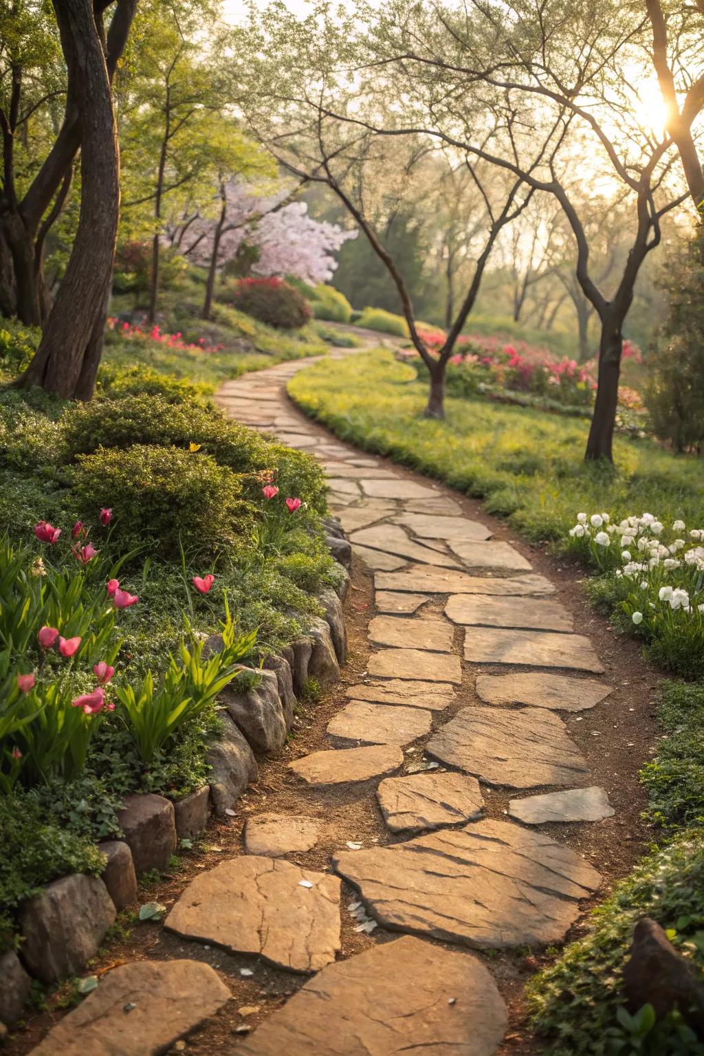 Tawny-hue rocks fashion a welcoming and cozy garden trail.