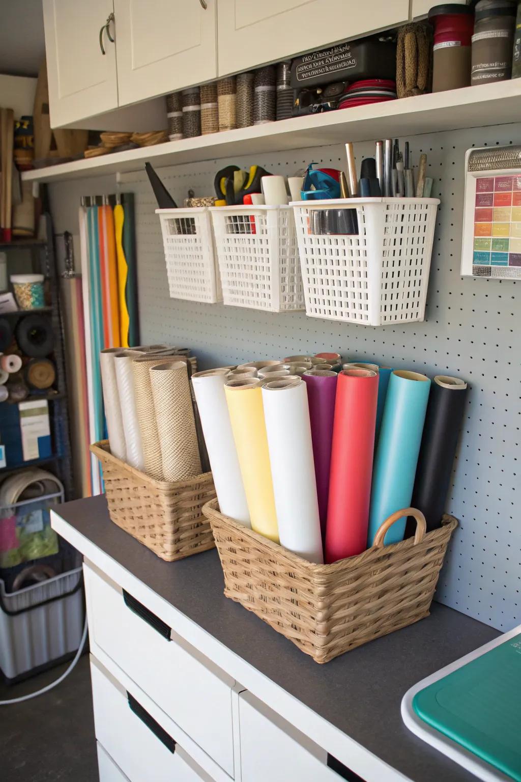 Suspended baskets save space and keep vinyl off the floor.