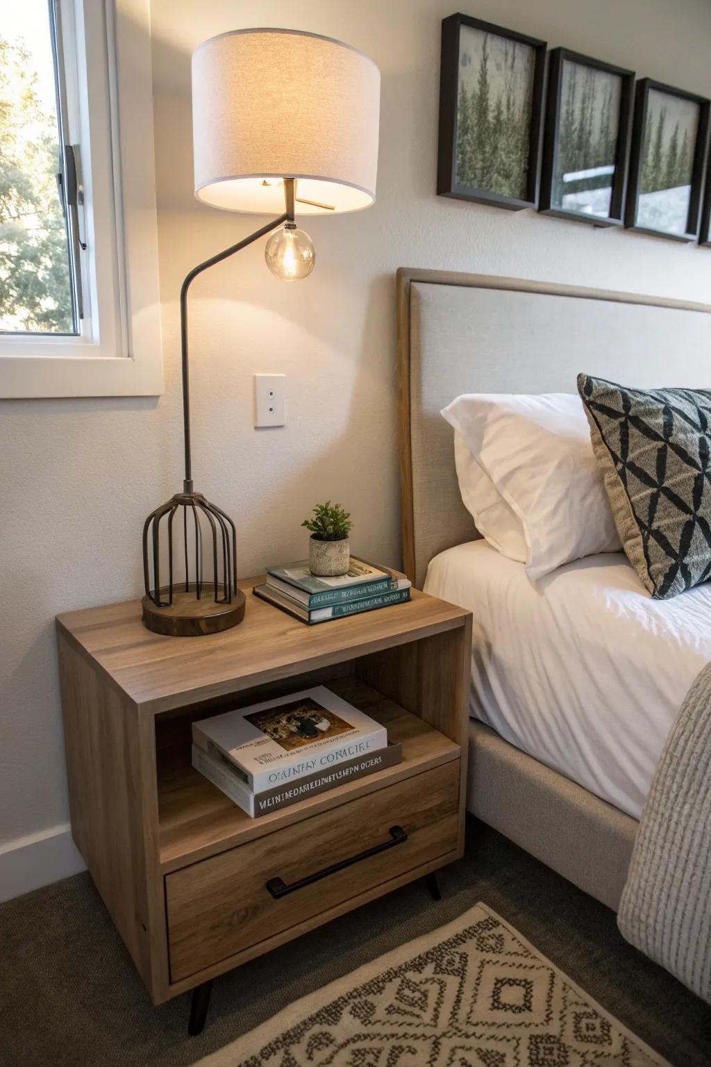 Floating nightstands are perfect for limited spaces.