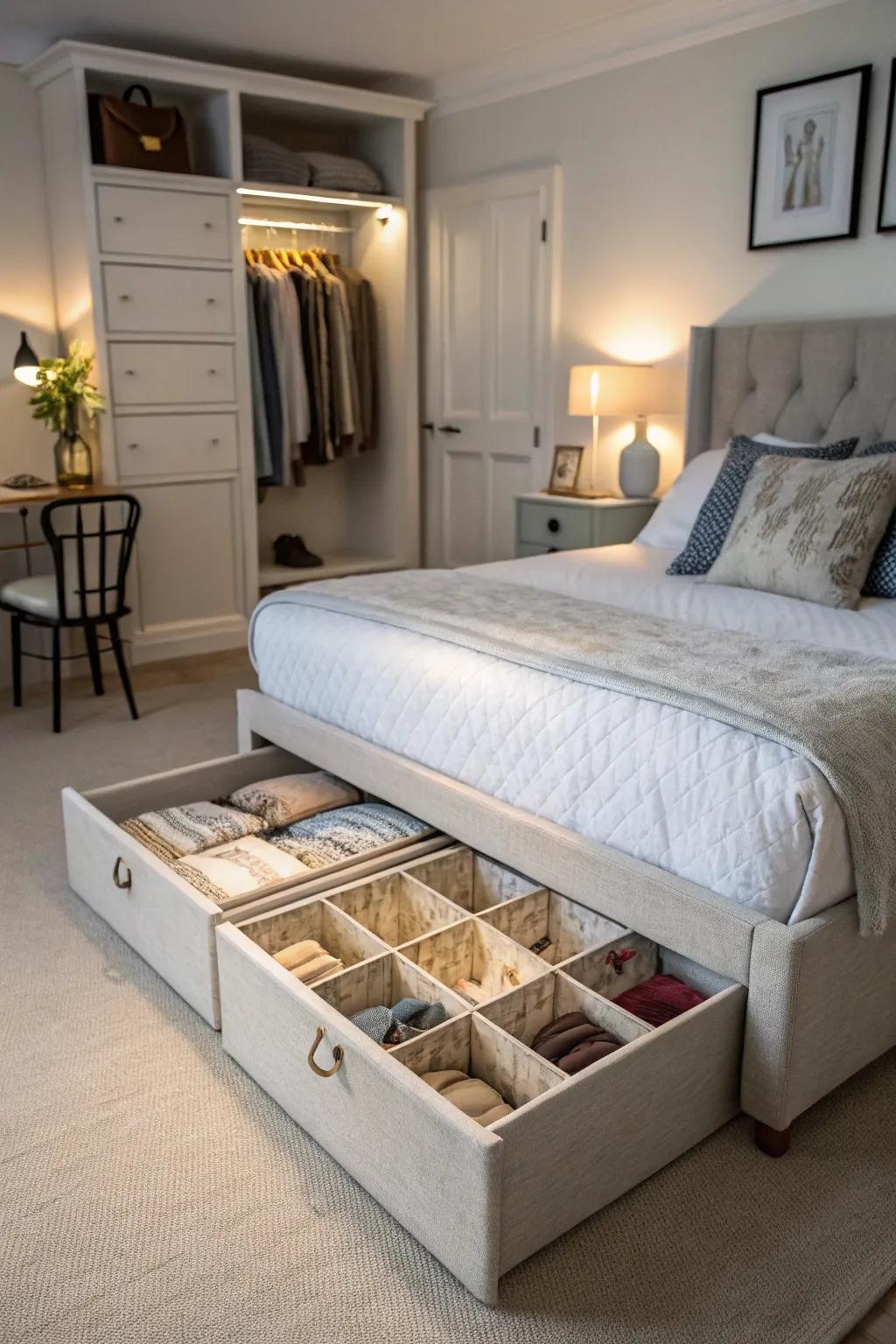 The bedroom features storage boxes under the bed.