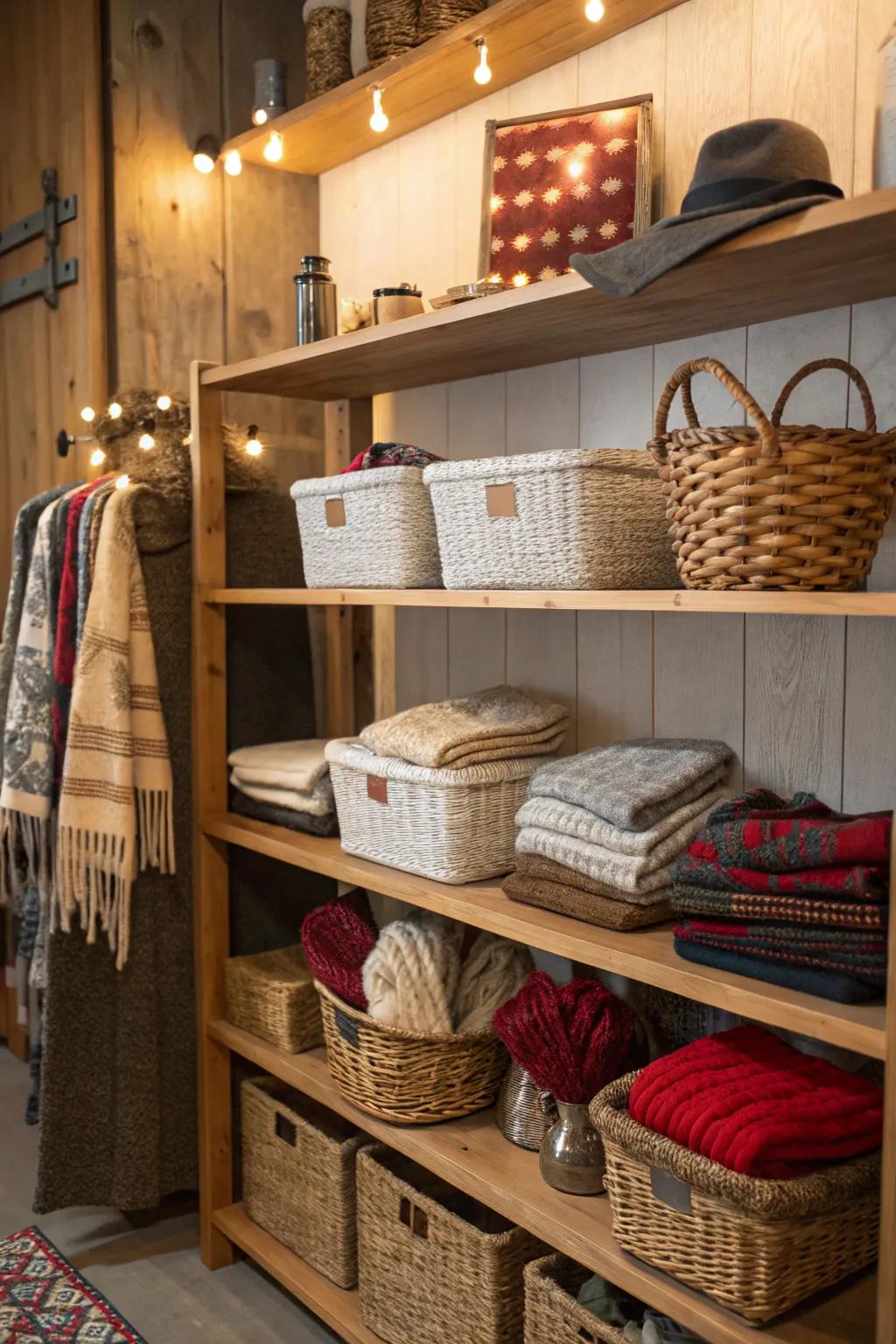 Stylish baskets offer easy storage.