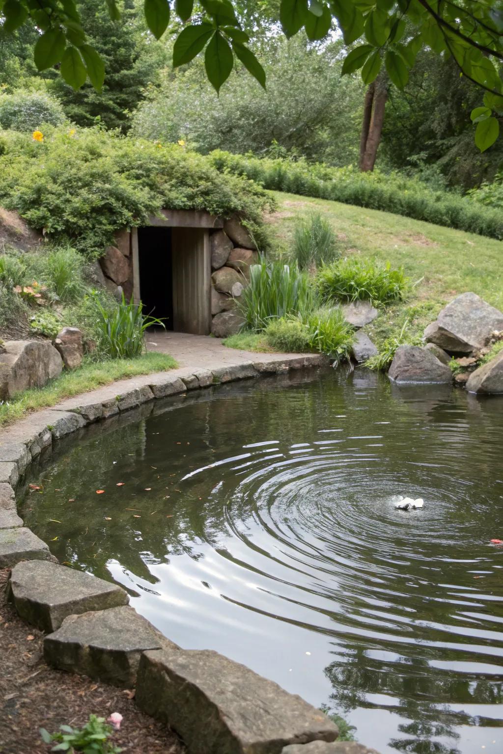 A water element contributes peace to the vicinity of the storm shelter.