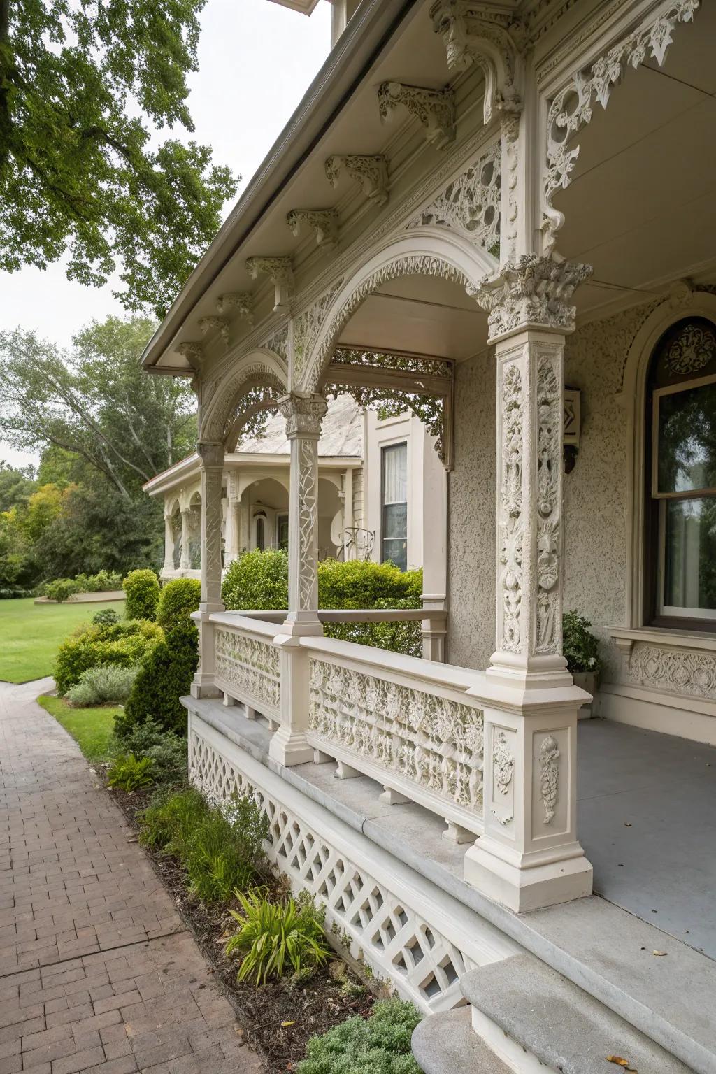 Distinct architectural details offer charm to the stucco porch.
