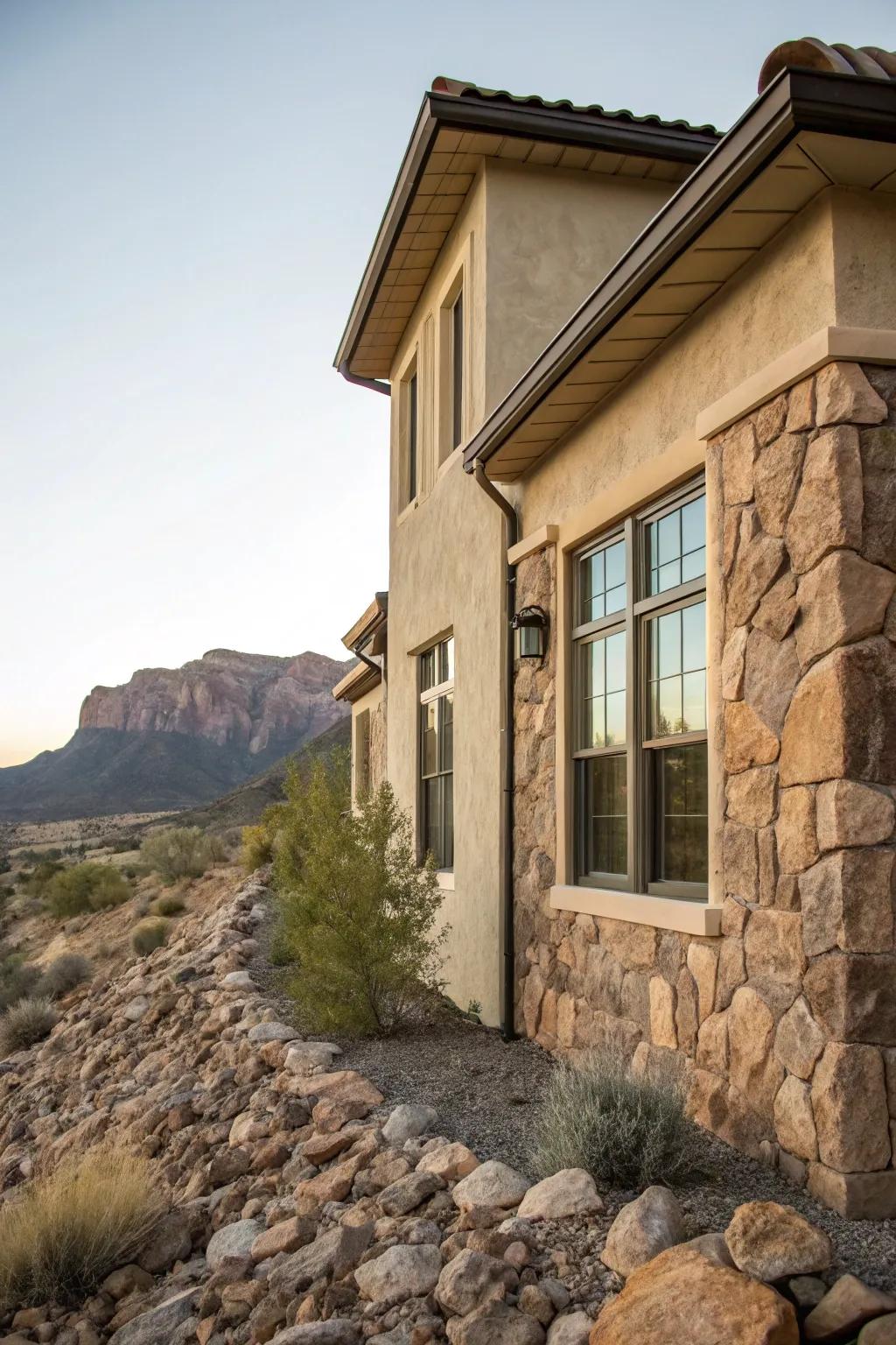 Rock-style trims add an ageless appeal to this natural setting.
