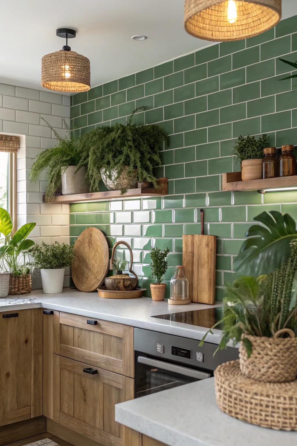 Verdant rectangle coverings introduce a revitalizing and natural atmosphere into the cooking space.