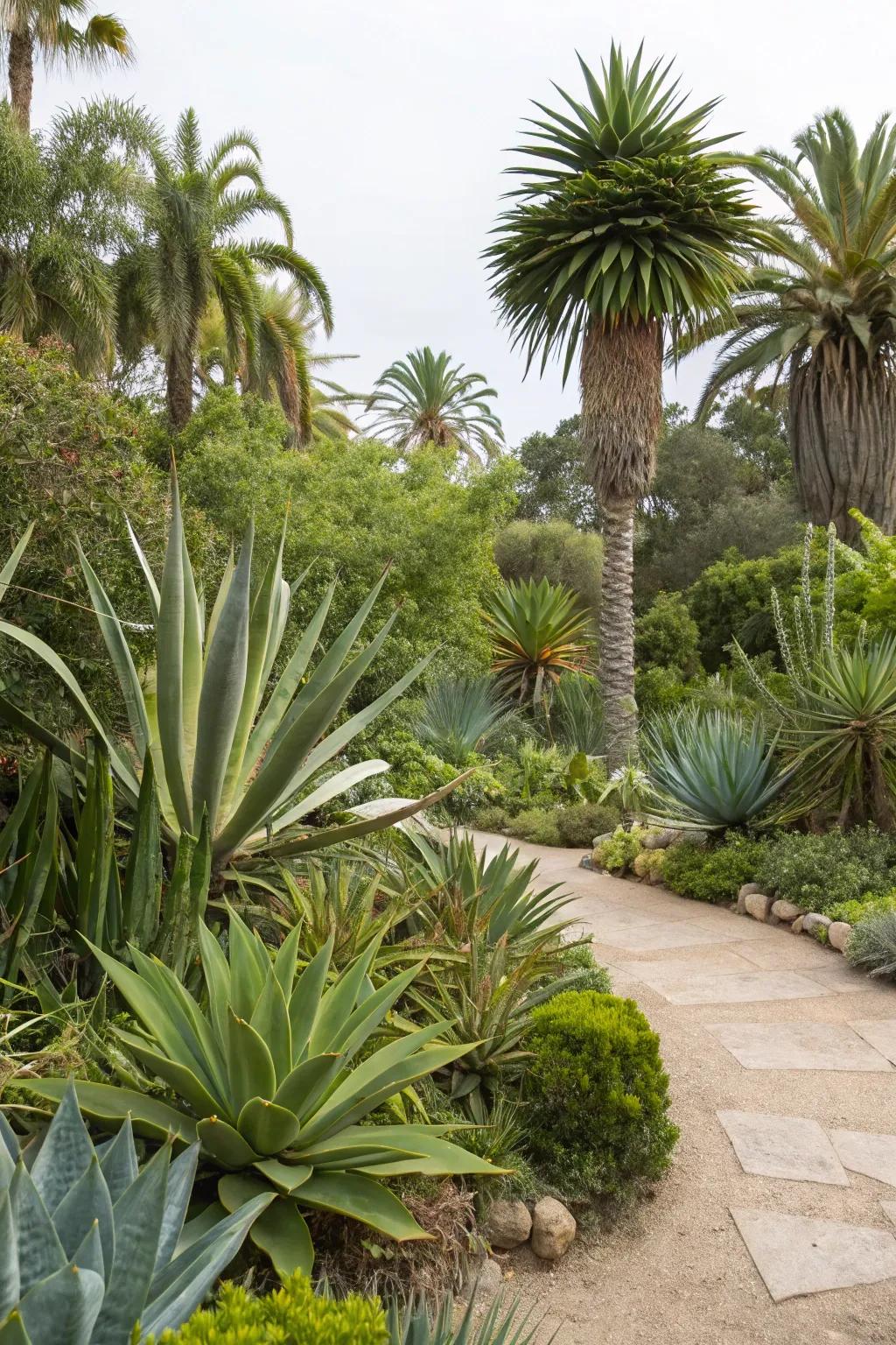 An exotic amalgamation of succulents and tropical plants in an abundant garden environment.