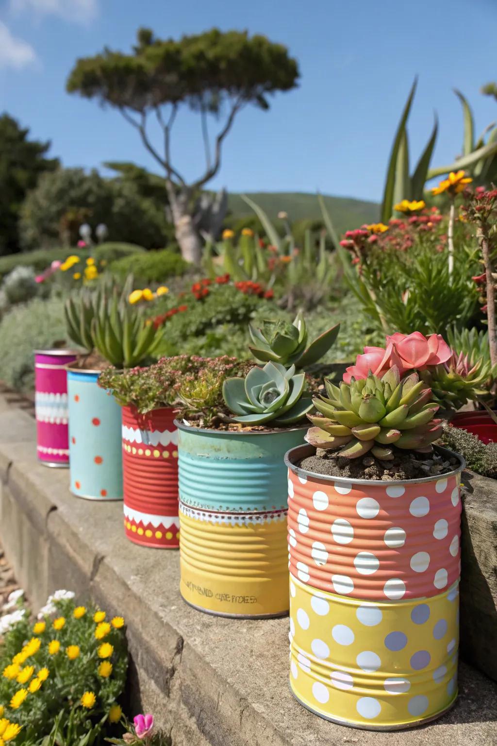 Repurposed tin cans offer a colorful twist to traditional planters.