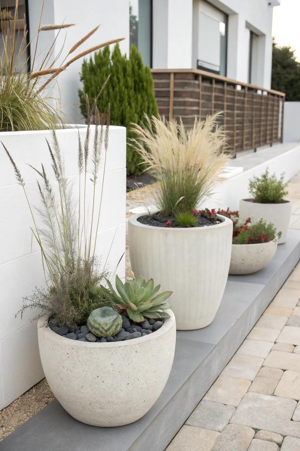 Monochromatic planters presenting grasses and succulents