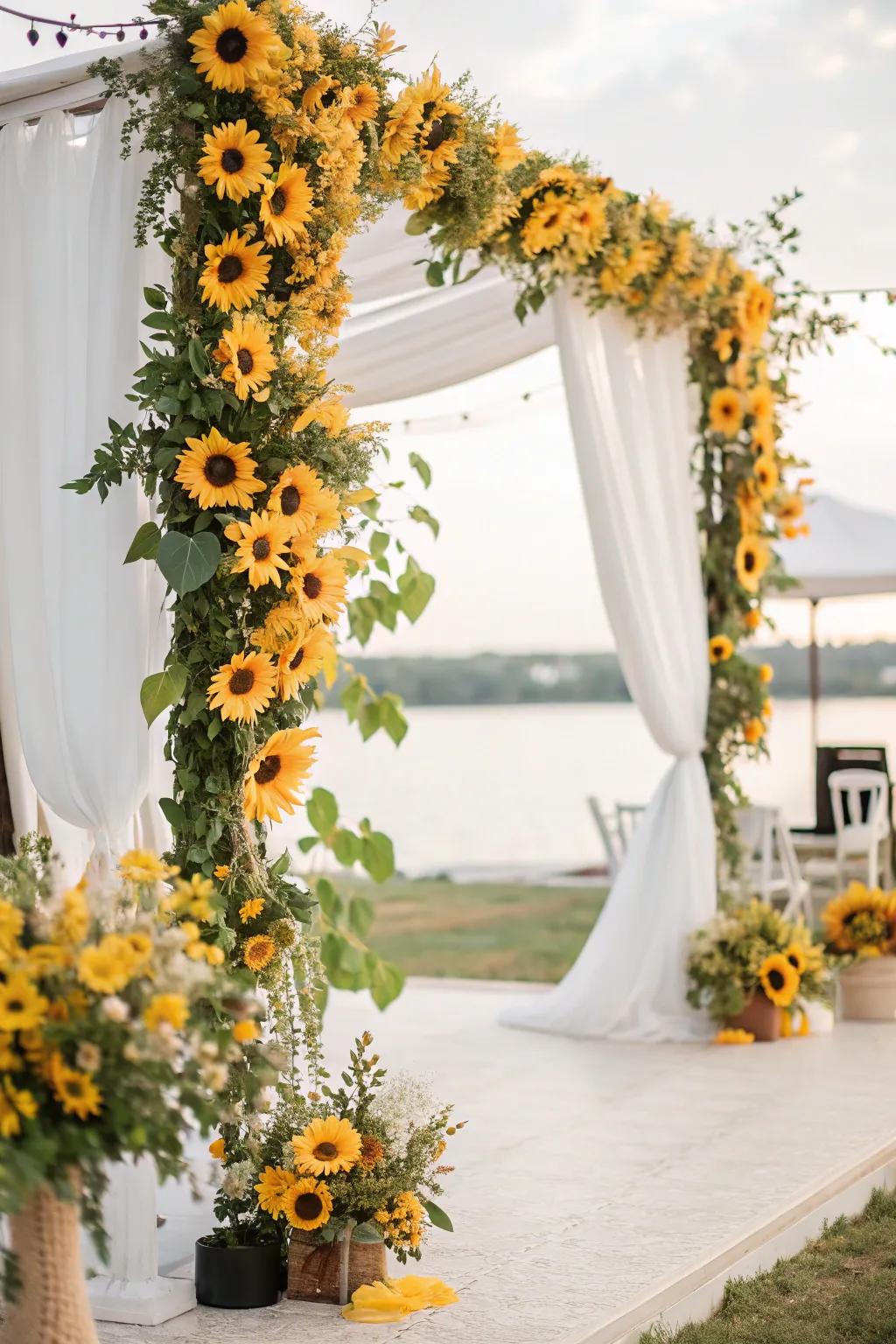 A vibrant photo backdrop decorated with daisies.