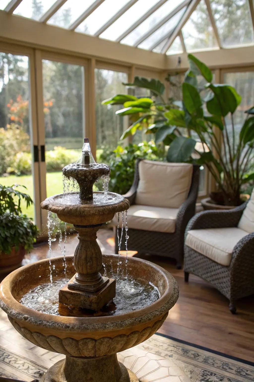 A small fountain adds tranquility to this sunroom.
