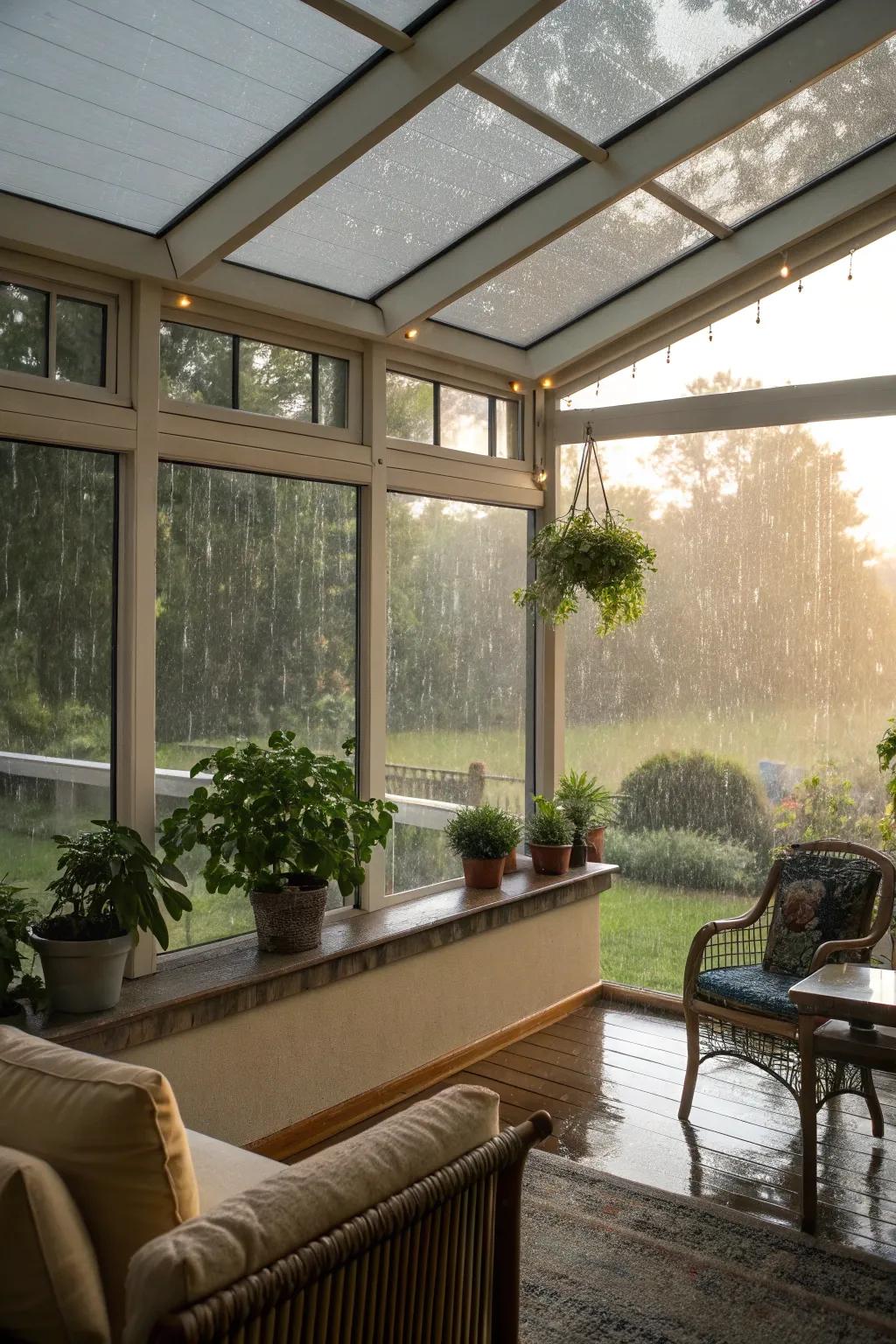 Tilting windows provide ventilation, rain or shine.
