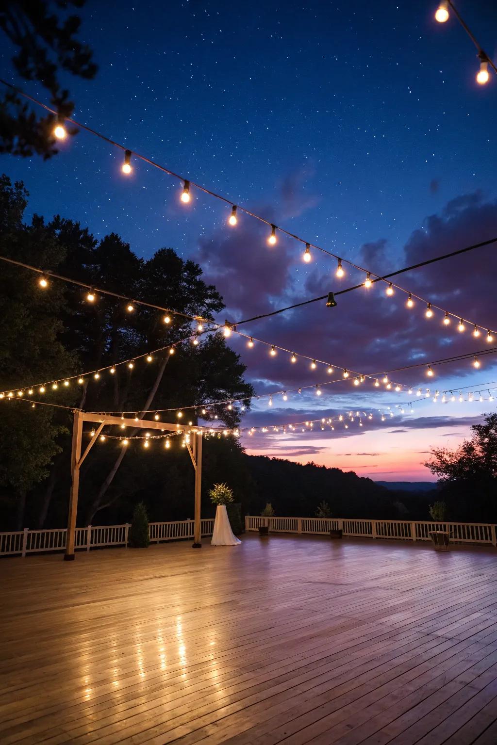 String lights creating a starry effect over a wedding dance floor.