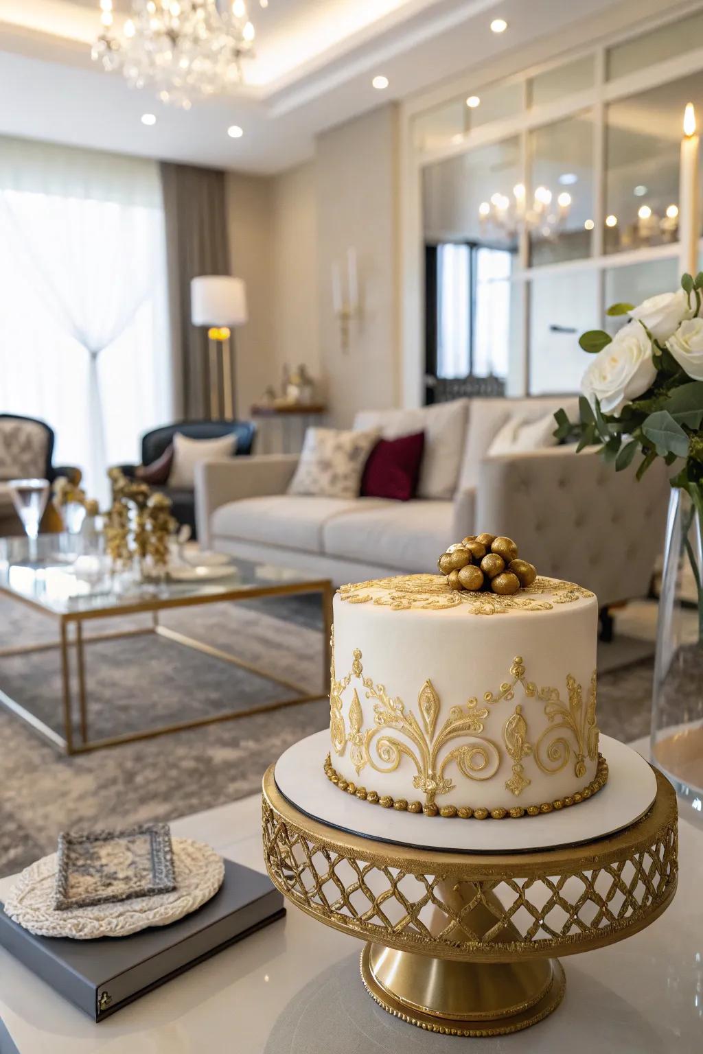 A cake with gold accents, adding a luxurious touch to the sweet 16 celebration.