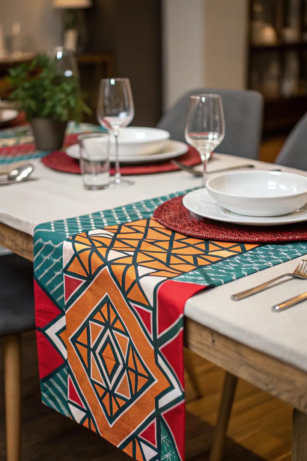 A geometric-patterned table runner for a striking modern look.