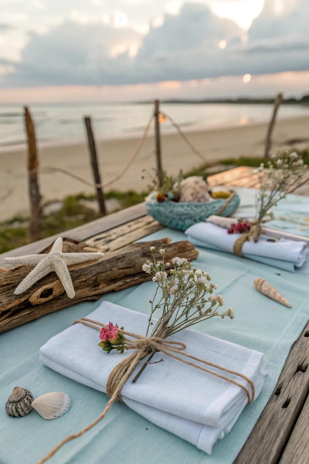 Beach vibes with twine and floral accents.