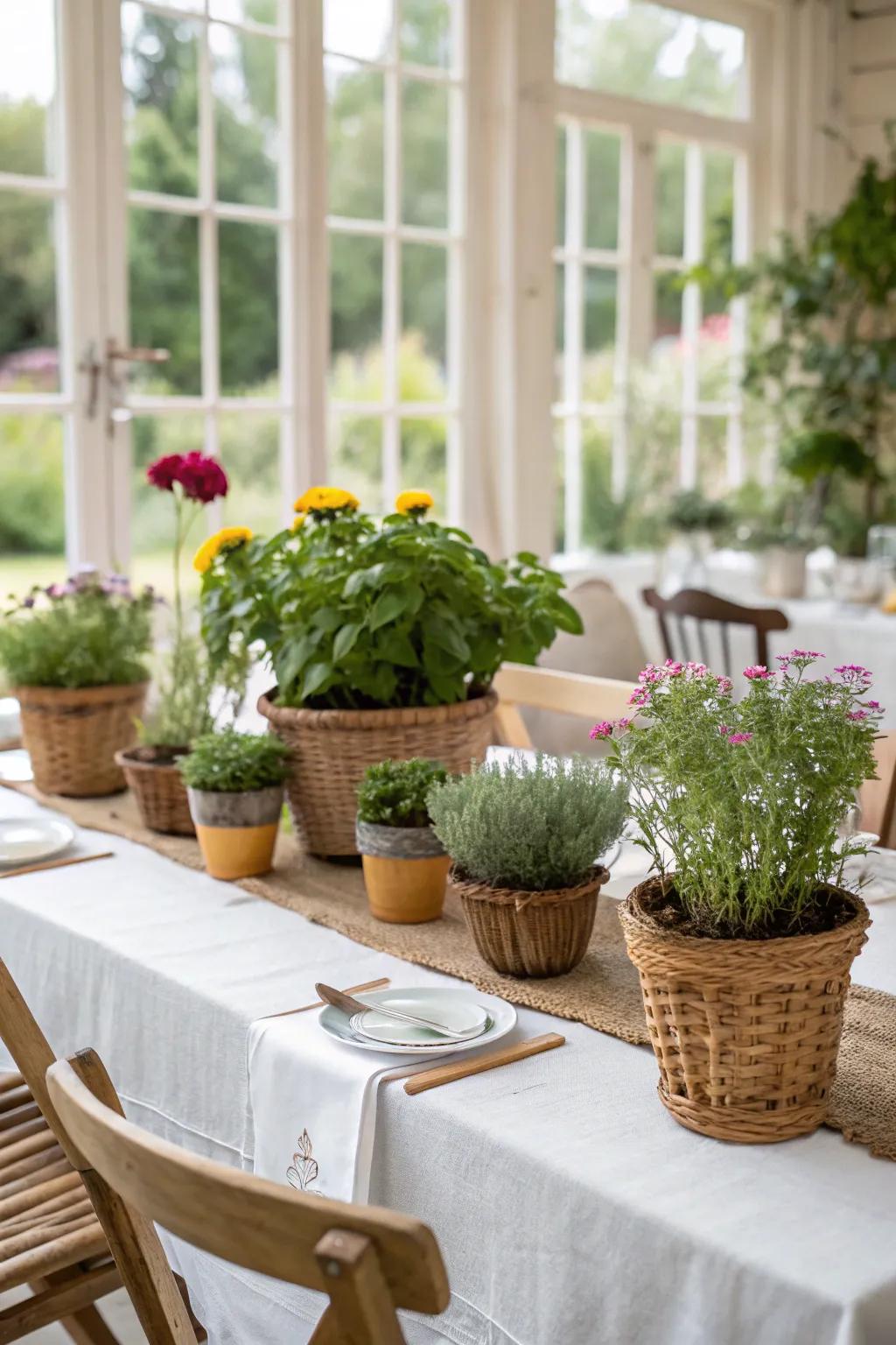 A botanical-inspired table arrangement featuring potted spices and flora.