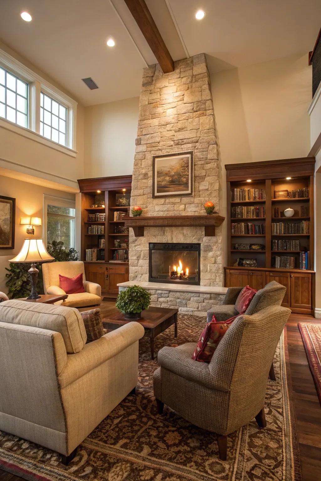 Comfortable seating fosters a welcoming atmosphere around a fireplace.
