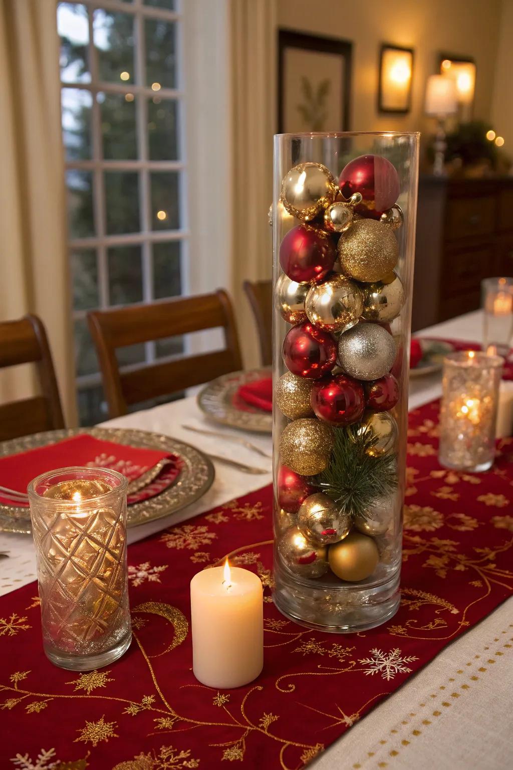 A tall glass vase showcasing metallic decorations, fashioning a festive ambiance on a holiday eating surface.