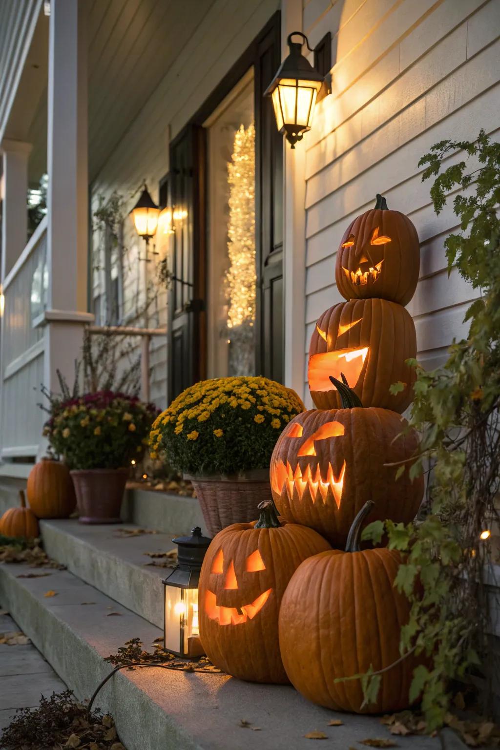 Generate a haunting atmosphere with an assembly of ghostly faced pumpkins.