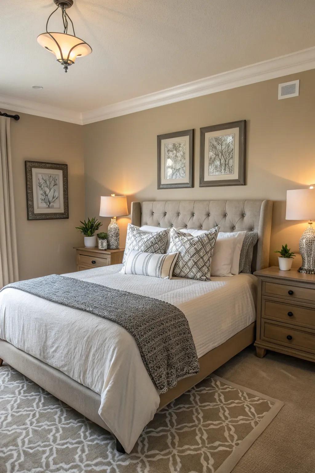 Subtle complementary shades boost the beige bedroom decor.