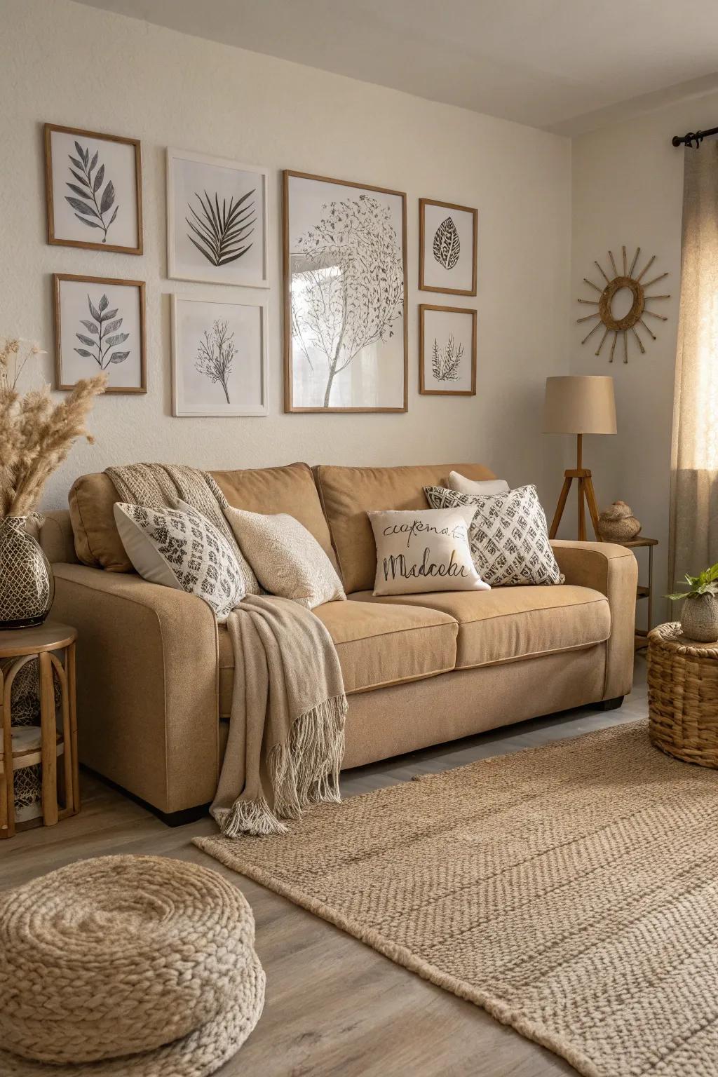 A monochromatic layout enriches the elegance of a beige sofa.