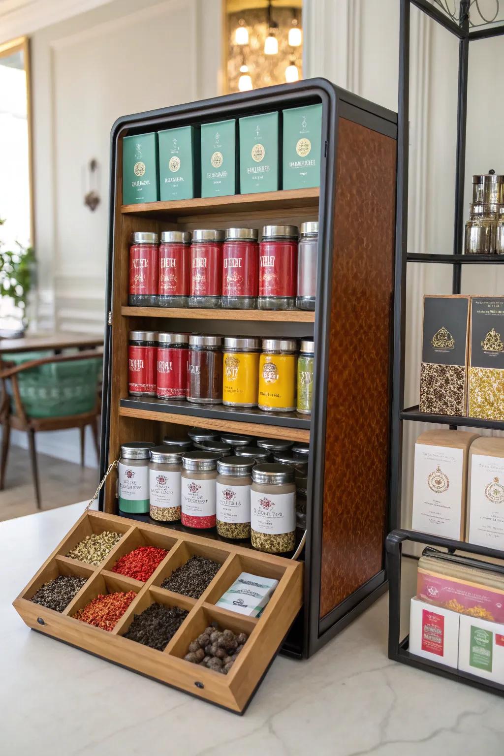 An exposed display stand exhibiting a tea assortment.
