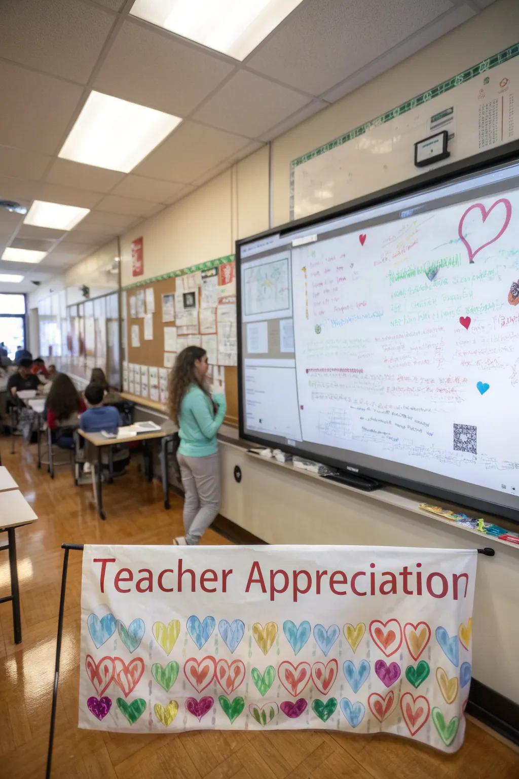 An interactive whiteboard banner filled with messages from students.