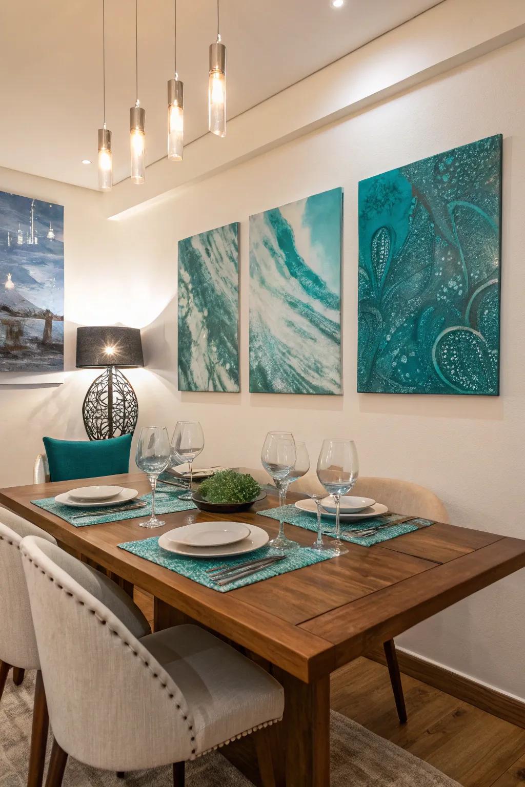 Teal artwork adds personality and color