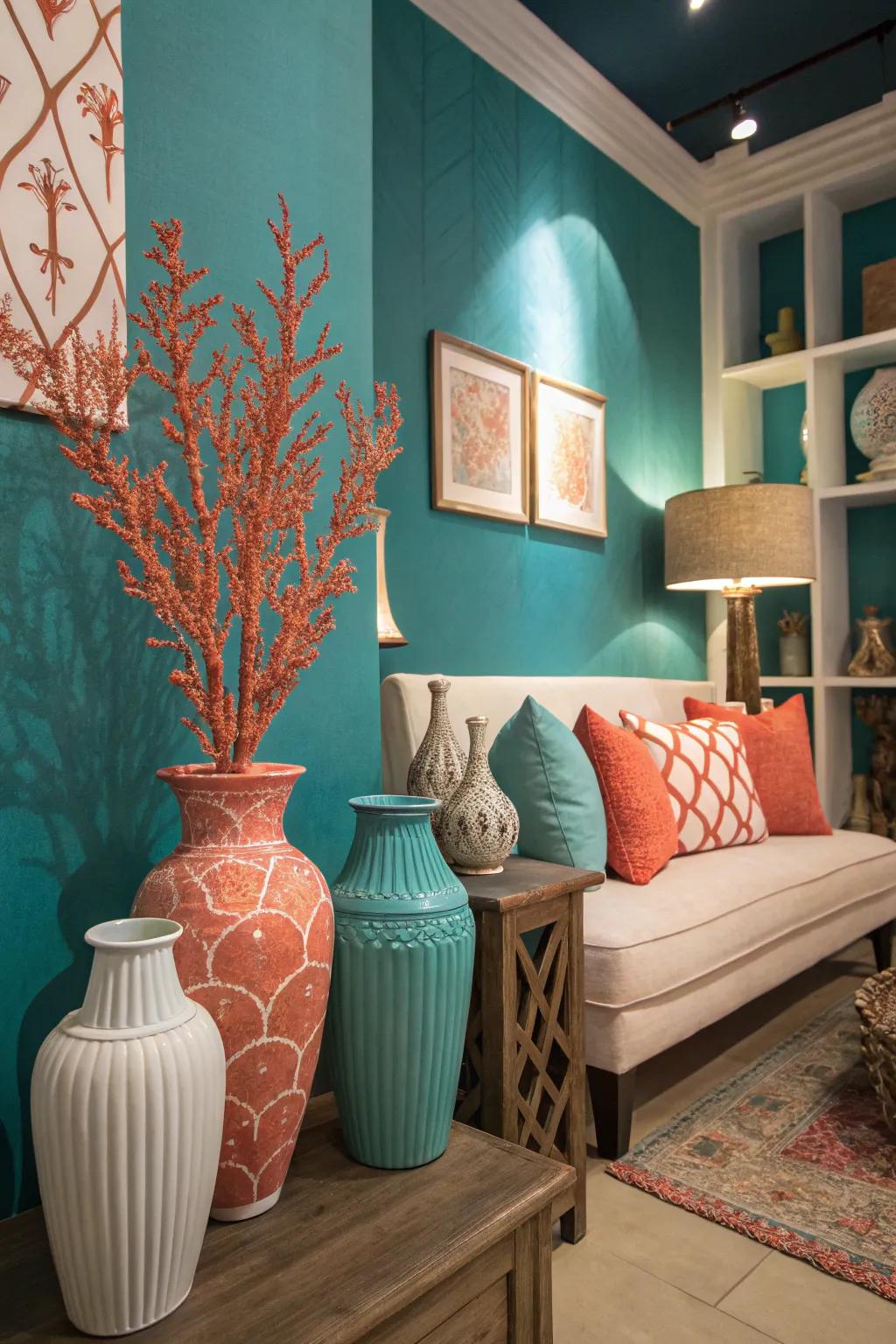 Invigorating and lively design with aqua and coral highlights.