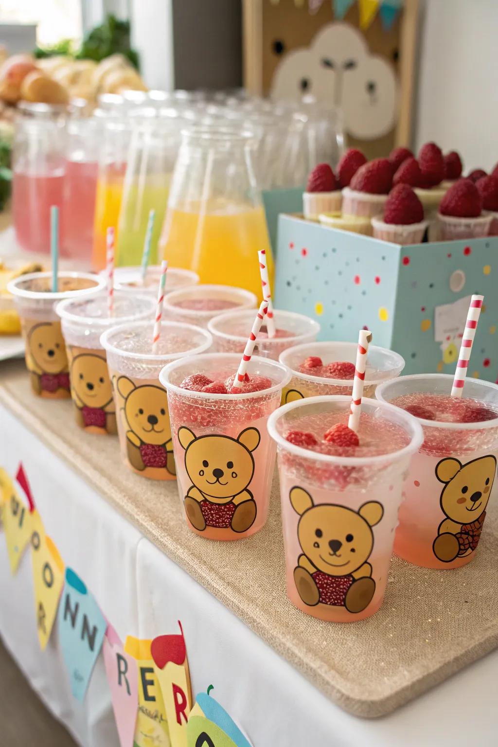 Teddy bear cups add a playful touch to the drink station.