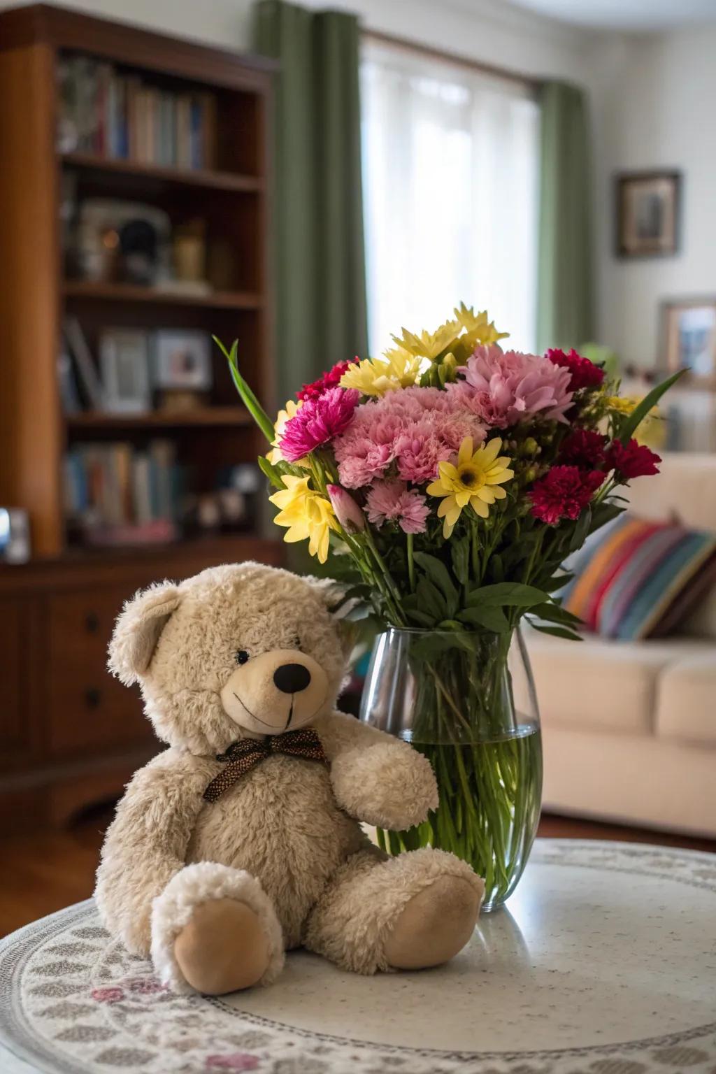 A charming centerpiece featuring a plush companion and a floral container.