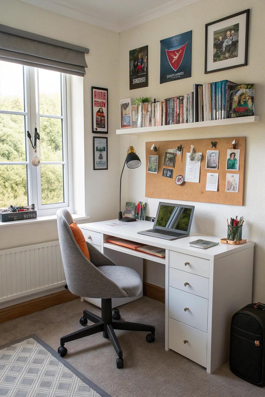 A study-friendly area with a modern desk and ergonomic chair in a teen boy's room.