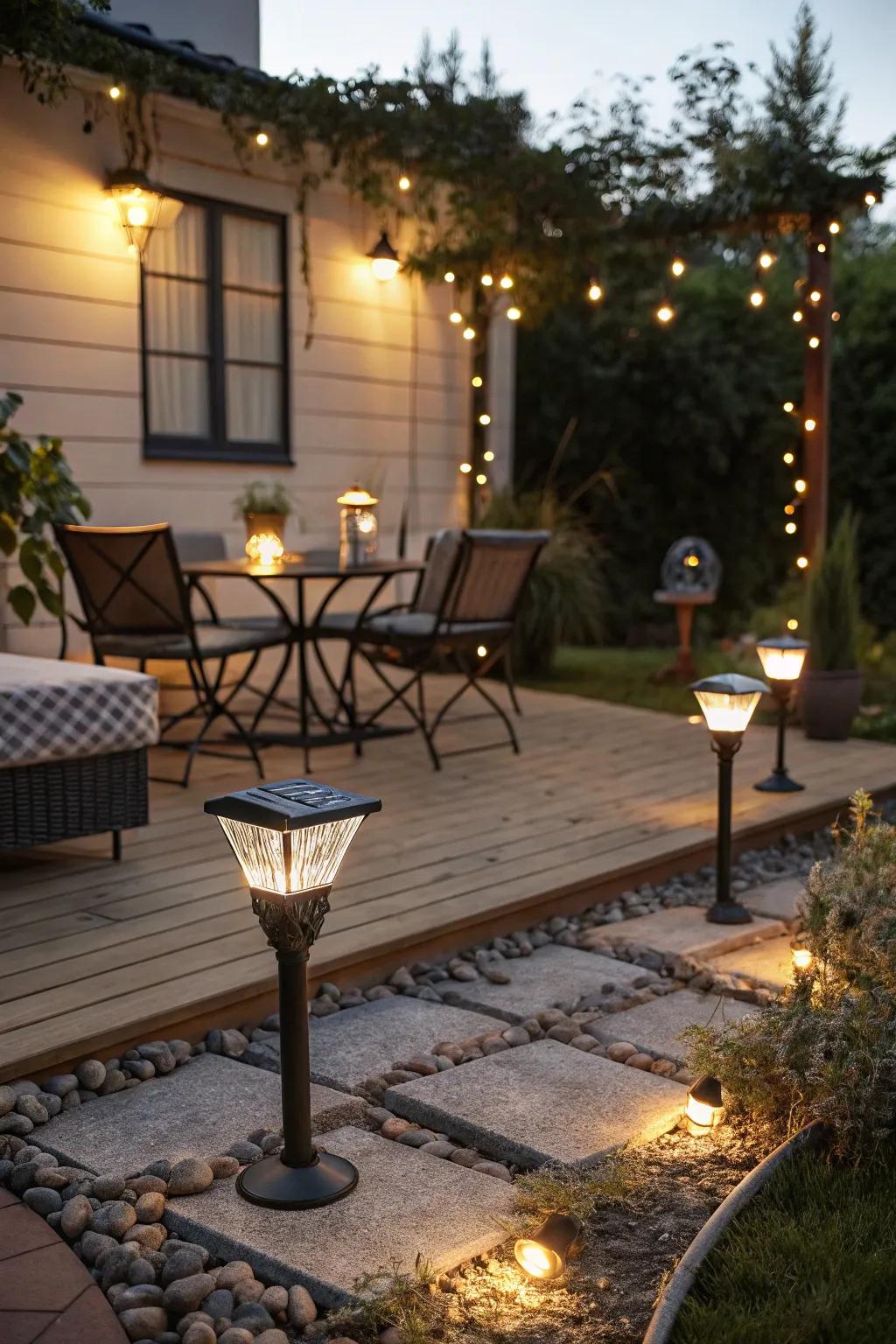 Solar lights offer long-lasting lighting for patios.