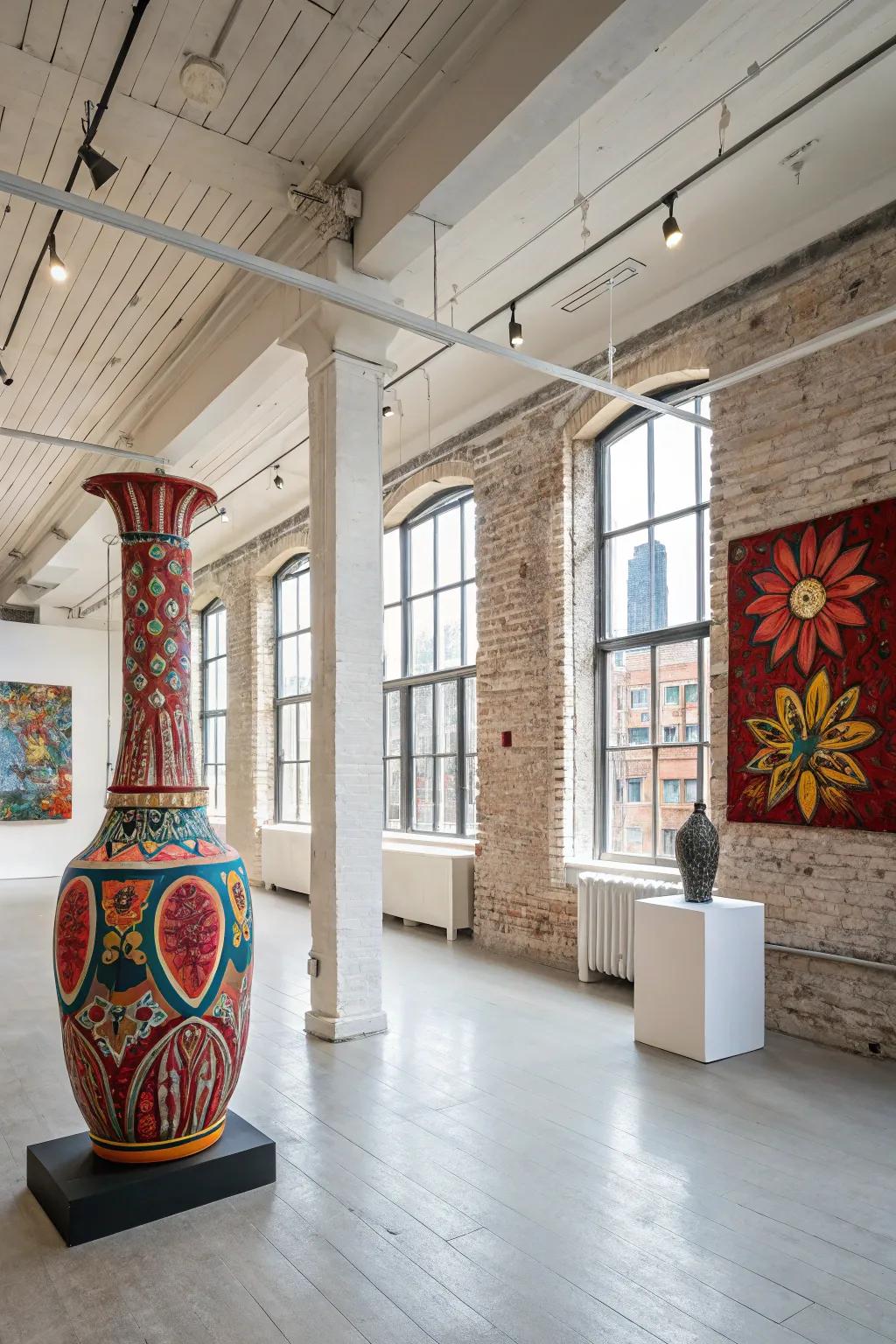 A 3D textured art piece fascinates with its interactive design in this stylish city loft.