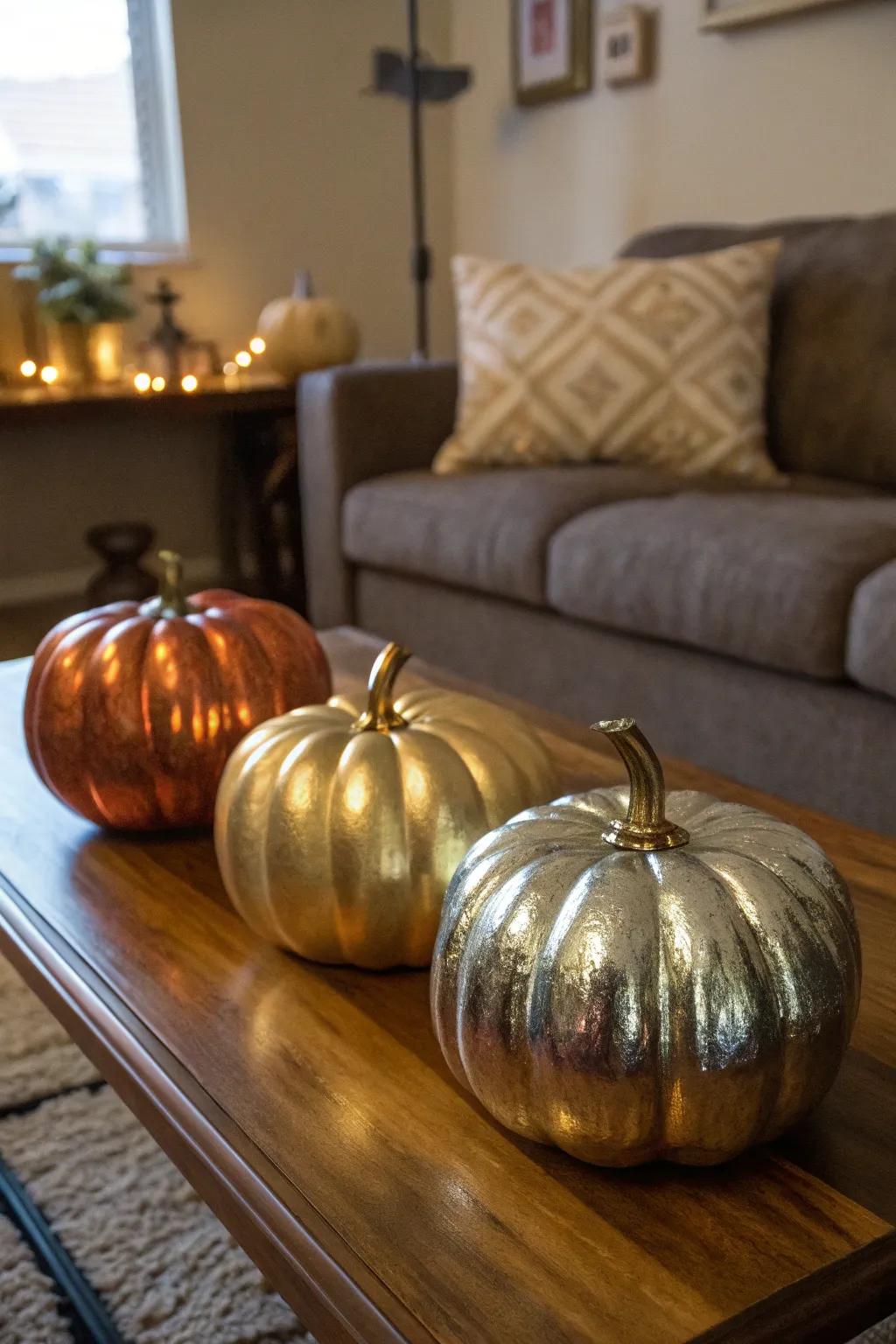Chic lustrous painted pumpkins imparting a contemporary aesthetic.