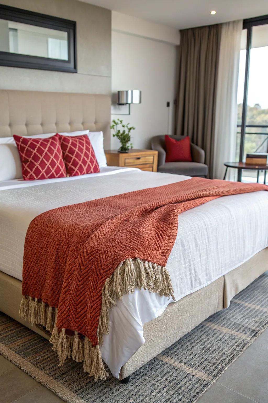 A bold-colored throw creates a striking and cheerful contrast.