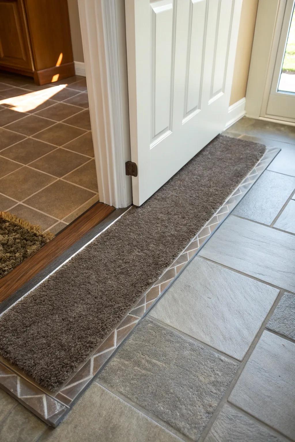 A door bar flow neatly separates tiling and carpeting.