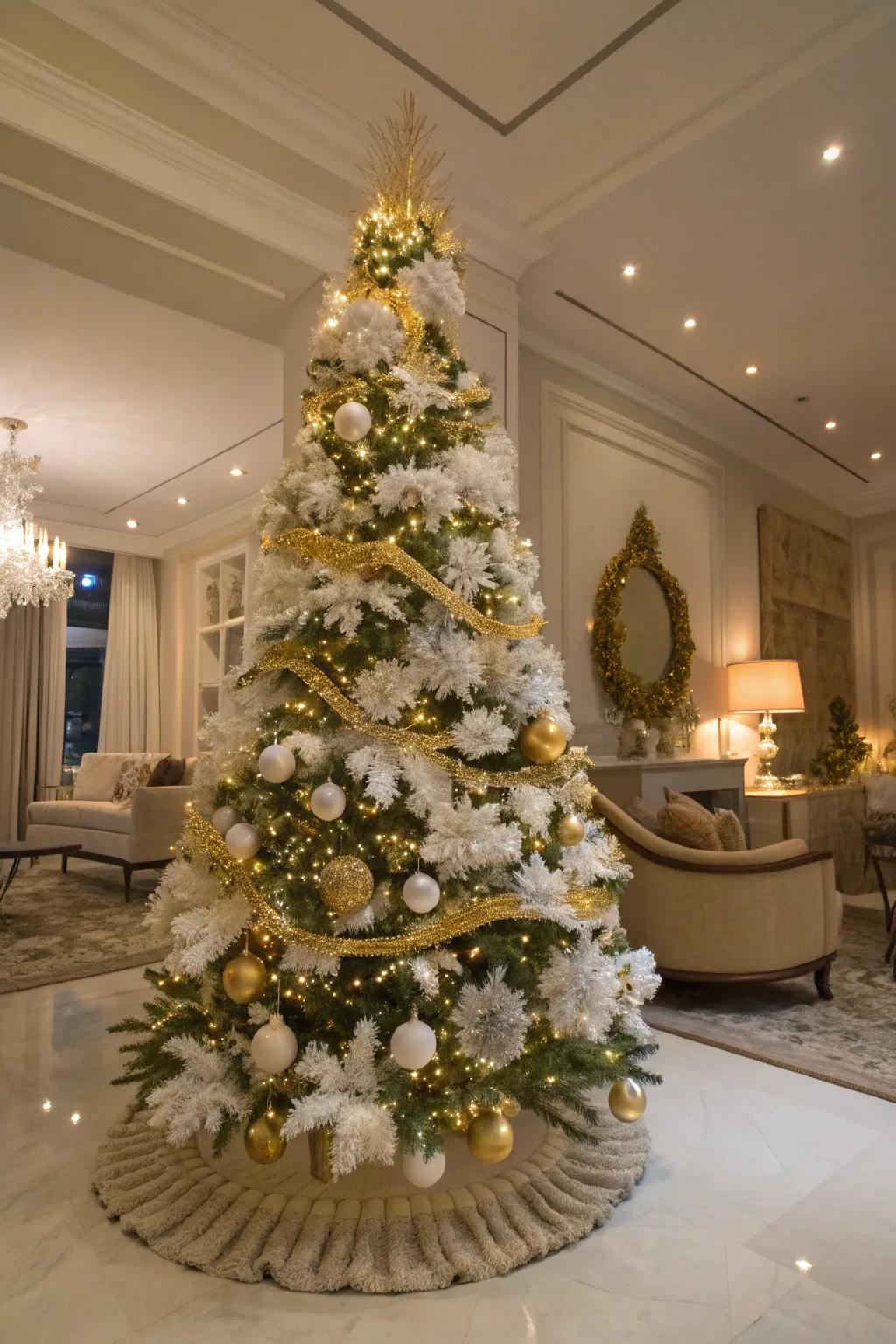 A sophisticated home setting with an elegant snowy and gilded festive strands Christmas tree.