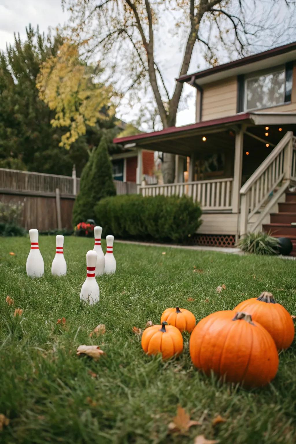 Enjoy a game of pumpkin bowling in your backyard.
