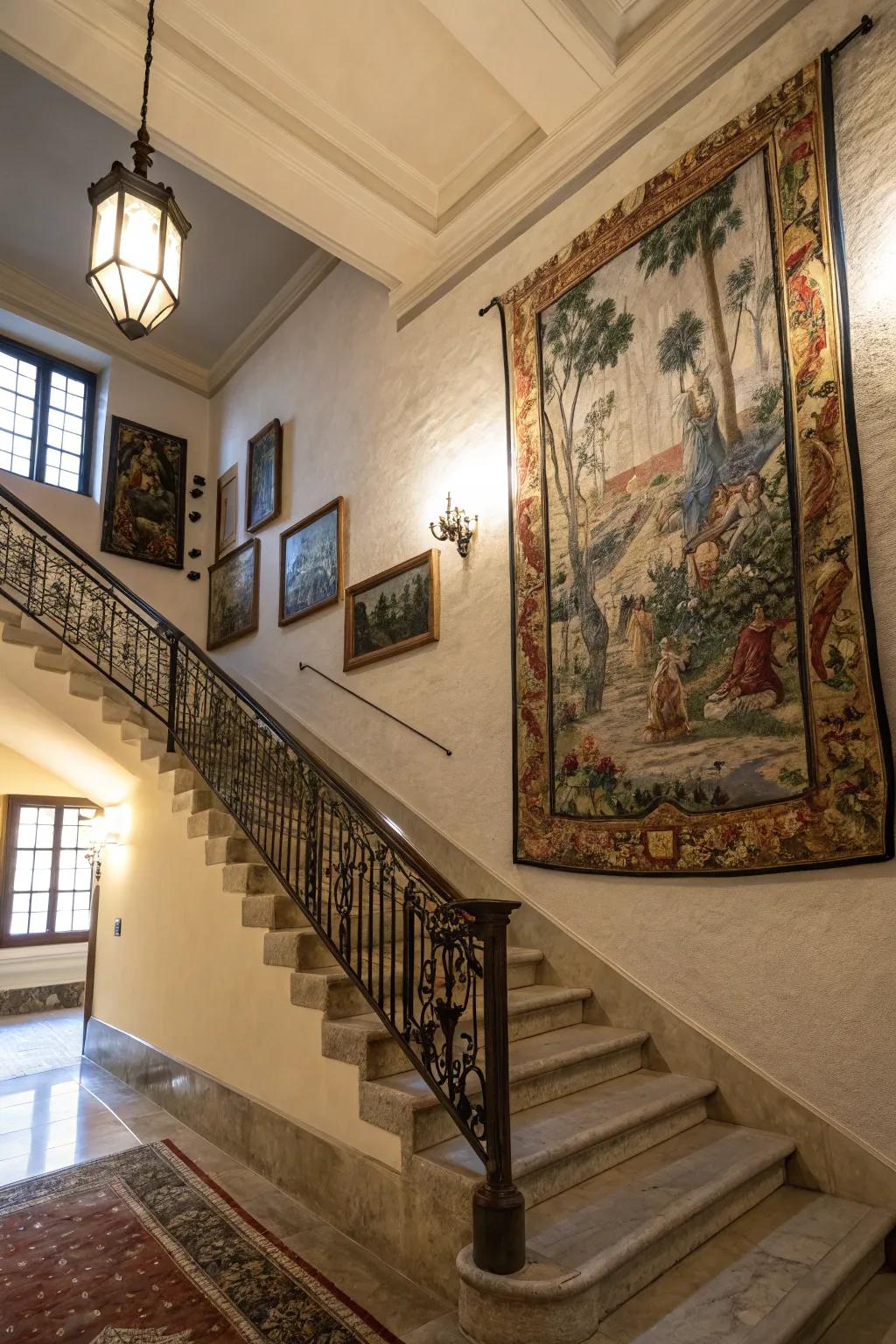 Tapestries add texture and visual interest at the top of stairs.