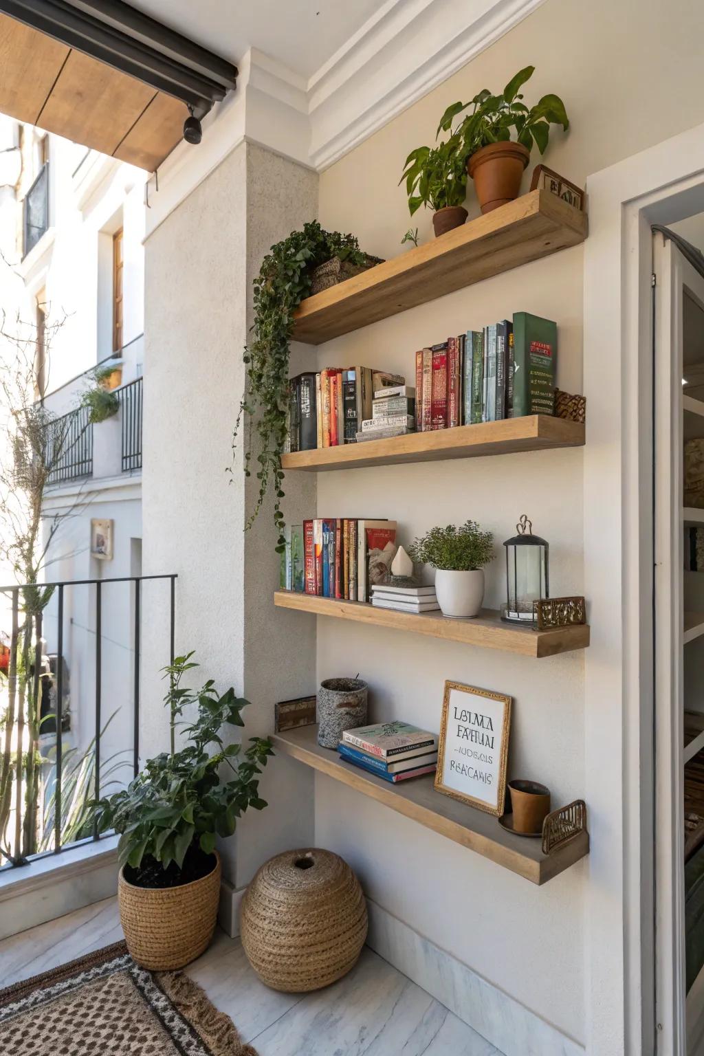 Wall-mounted shelves featuring books and decor