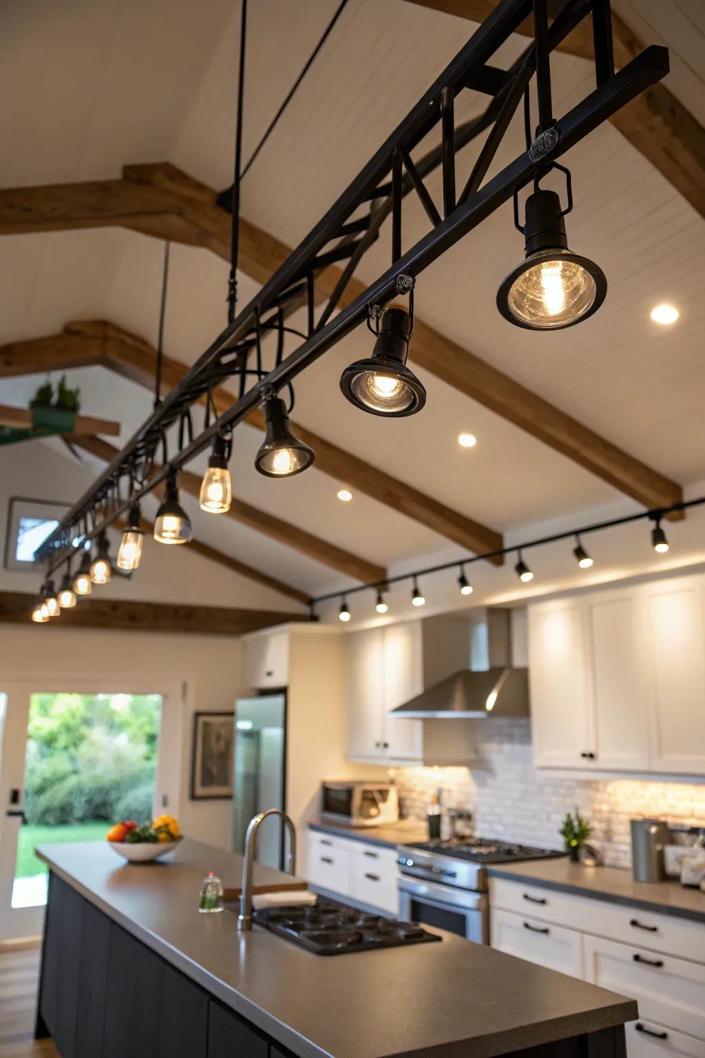 Track lighting accentuating structural elements in a kitchen