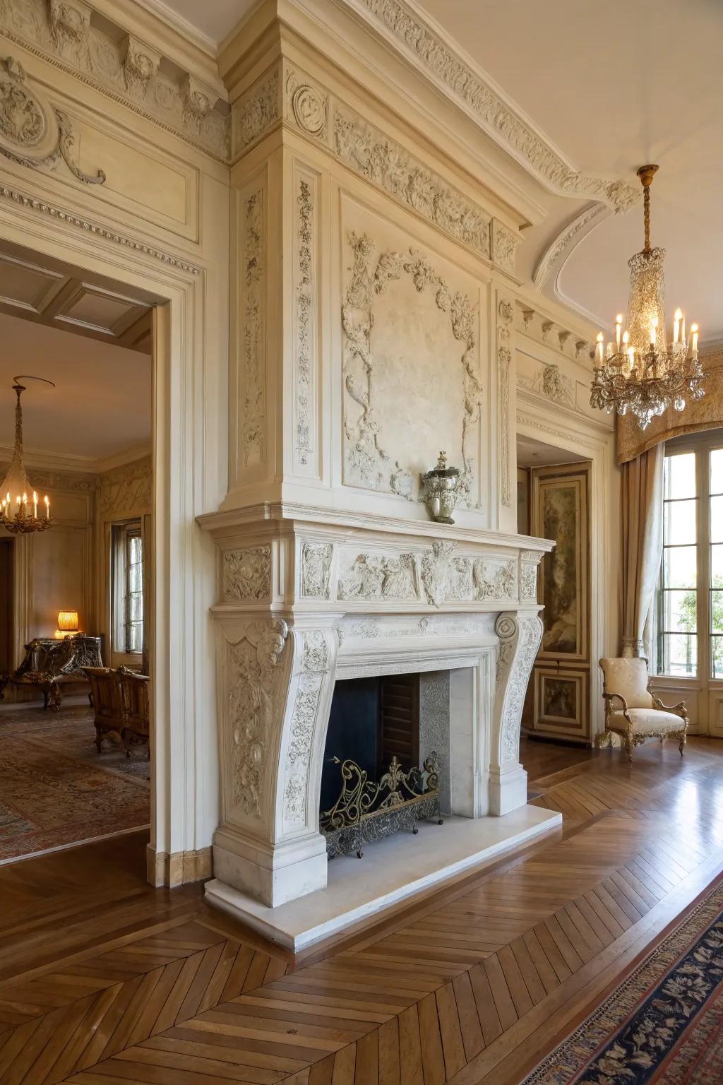 A handcarved marble mantelpiece exudes elegance.