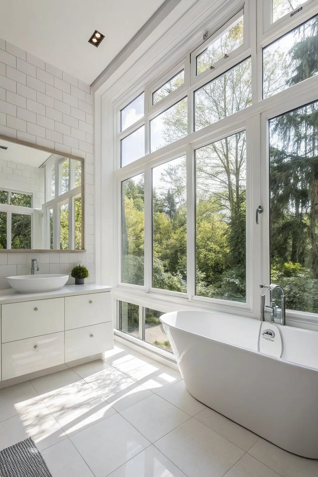 A white bathroom filled with sunlight from wide view windows, which foster a bright and airy atmosphere.