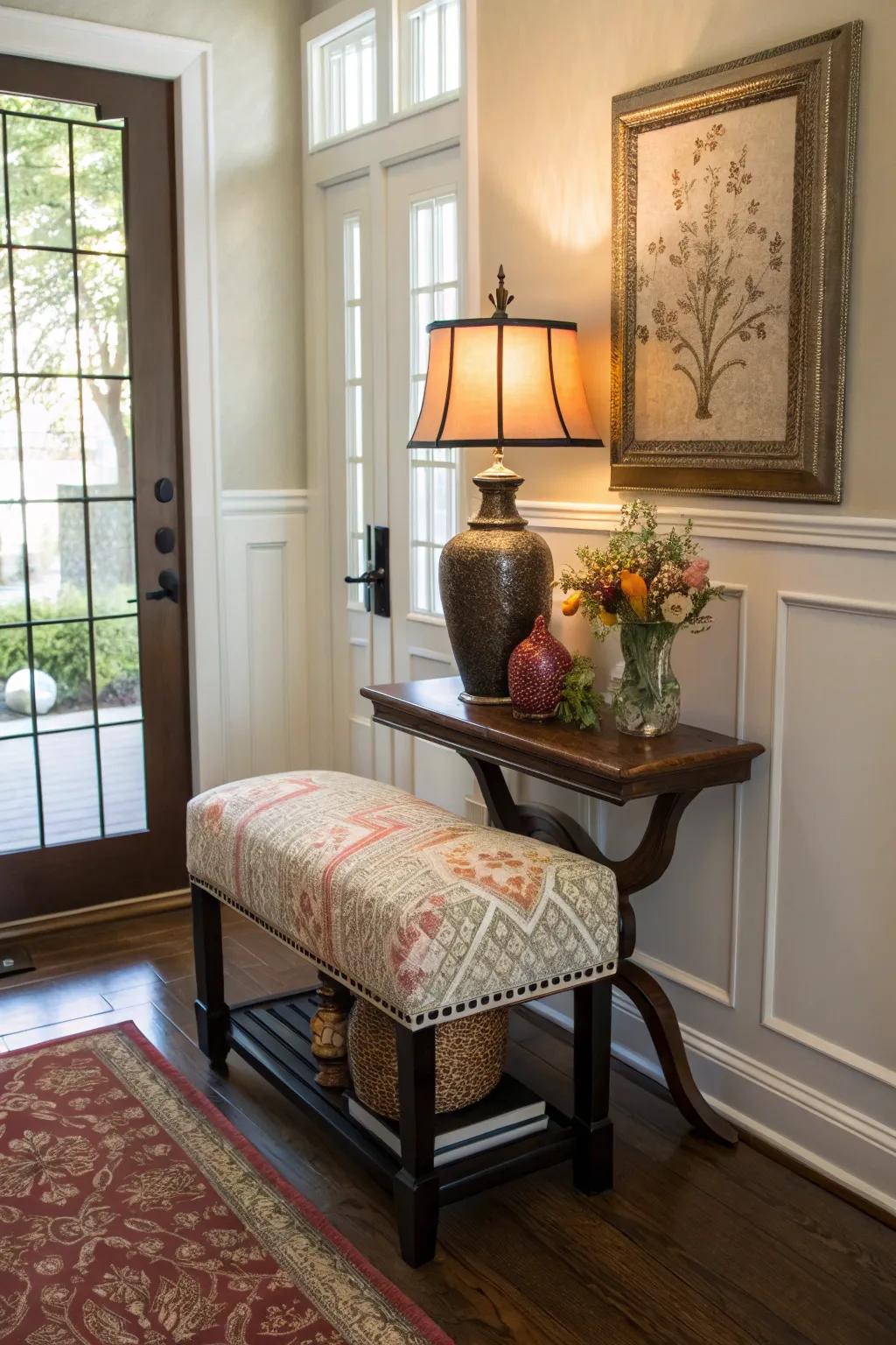 A cozy sitting space receives guests and offers an opportunity for pause.
